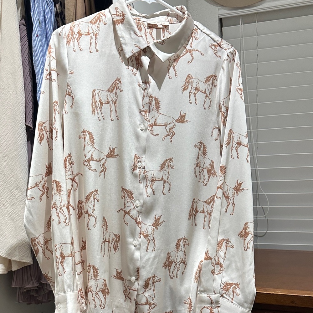 Skies Are Blue Cream Button-Up Blouse with Brown Horse Print